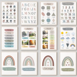 Pastel Rainbow Preescolar Weather Wall Art, Alfabeto Números Sentimientos Cartel Neutral Niños Decoración Boho Aula Impresión Educativa Conjunto de 12