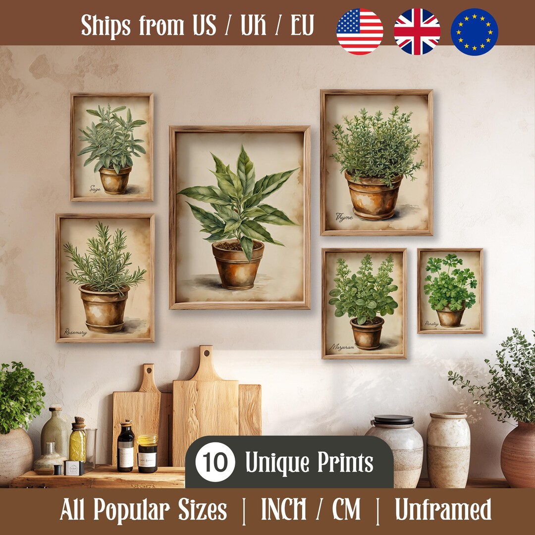 Vintage Watercolor Herb Prints – Rustic Kitchen Wall Art Set of 3, 6 or ...