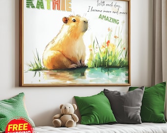 Aangepaste naambord babymeisje capibara kunst aan de muur, positieve bevestiging capibara kinderkamer naam afdrukken, capibara babyshower cadeau canvas of ingelijst