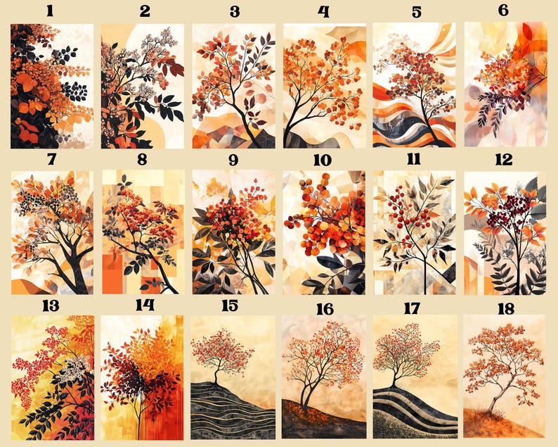 Mountain Ash Rowan Branches Wall Art Set, Modern Abstract Black Rust