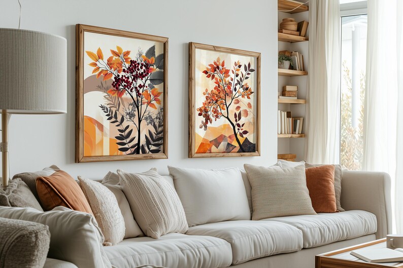 Mountain Ash Rowan Branches Wall Art Set, Modern Abstract Black Rust