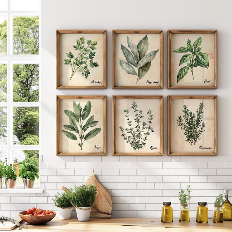 Vintage Watercolor Herbs Print Set of 6, Cottagecore Herb Wall Decor ...