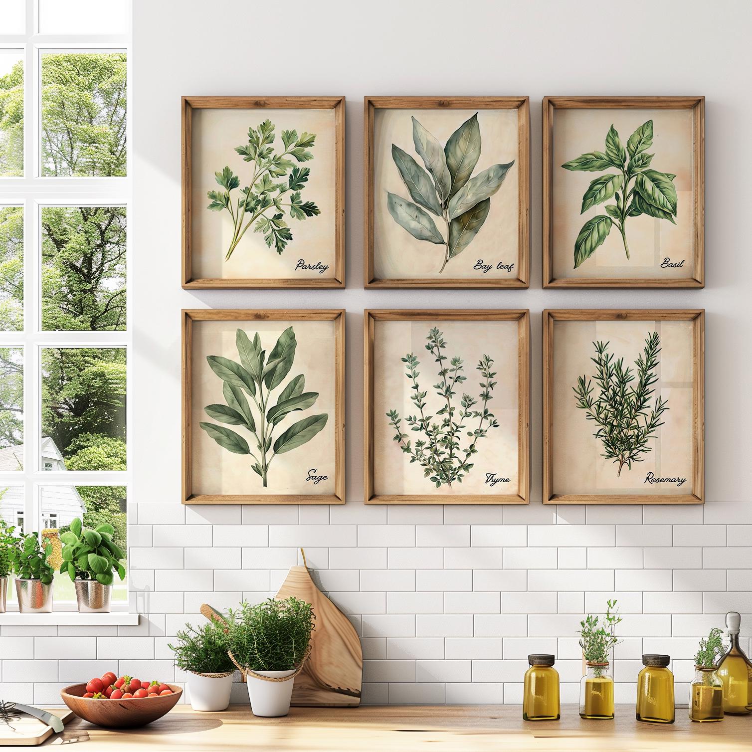 Vintage Watercolor Herbs Print Set of 6, Cottagecore Herbs Wall Art Set, Herb Farmhouse Wall Decor Poster, Rosemary Sage Thyme Wall Art