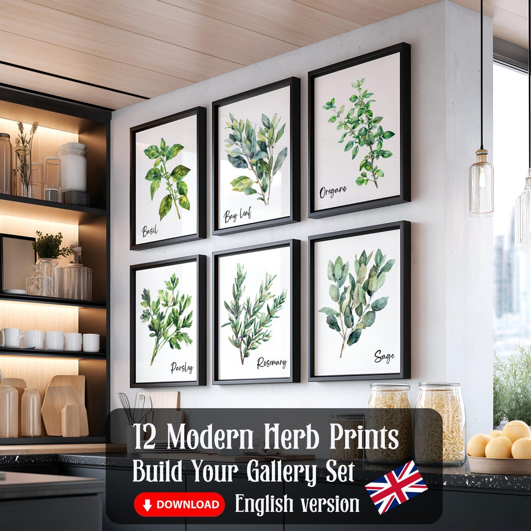 Watercolor Herb Print Set of 12, Modern Kitchen Herb Set Bundle, Herb ...