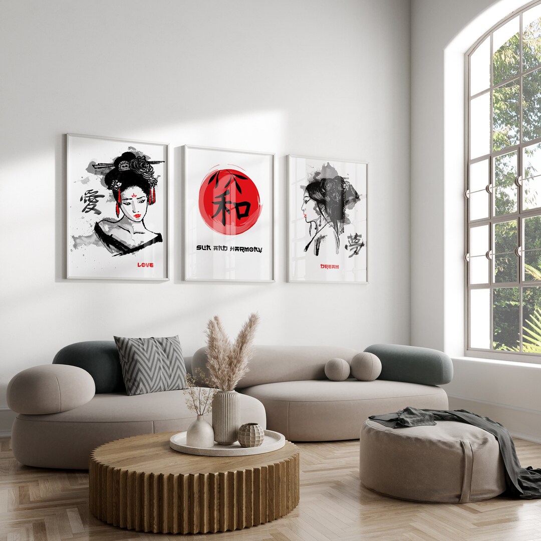 Sumi-e Art Japanese Geisha Print Set of 3 Kanji Japan Calligraphy Wall ...