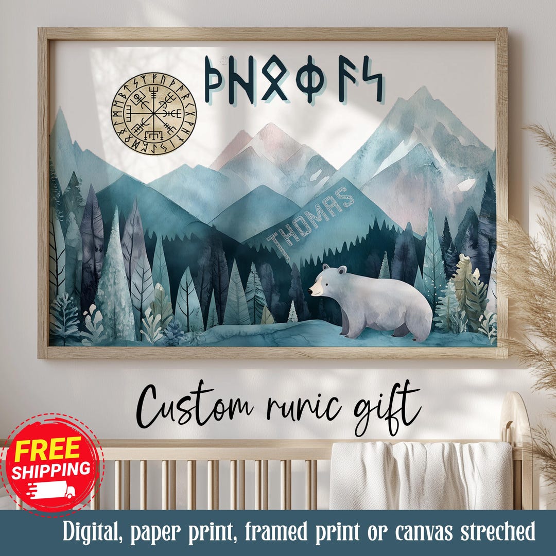 Custom Baby Boy Runic Name Art Print, Sage Futhark Bear Name Canvas ...