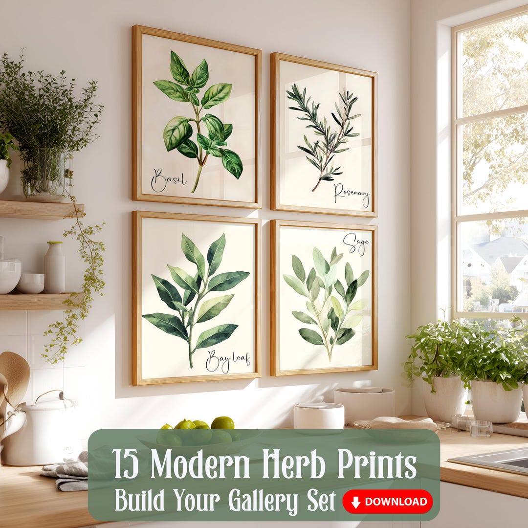Modern Watercolor Beige Herb Art Prints Set of 15, Kitchen Trendy Herbs ...