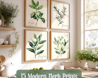 Moderne aquarel beige kruid kunst wordt afgedrukt set van 15, keuken trendy kruiden kunst aan de muur, kruiden galerij muur decor, boho kruiden bundel AFDRUKBAAR
