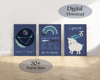 Baby Capricorn Zodiac Print Set of 3 Star Sign Baby Poster New Baby Sun Sign Gift Zodiac Baby Gift Nursery Zodiac Sign Wall Art Printable