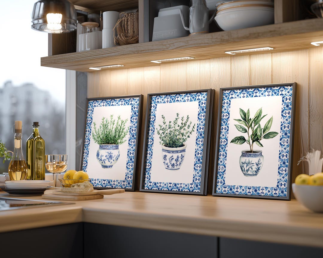Blue and Wite Mosaic Tile Herb Wall Art Set of 6, Botanical Herbal ...