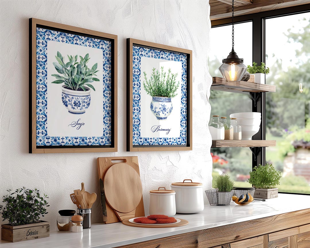 Blue and Wite Mosaic Tile Herb Wall Art Gallery, Botanical Herbal ...