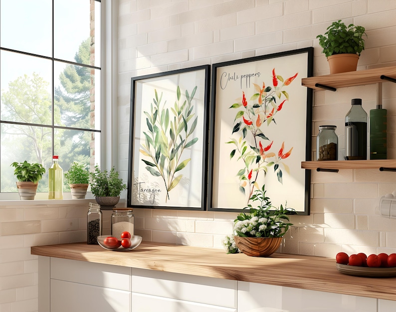 Watercolor Herb Art Print Set, Framed Kitchen Wall Decor, Culinary ...