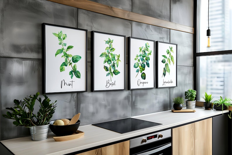 Modern Watercolor Herbs Print Set of 3,6 or 12, Kitchen Botanical Herb ...