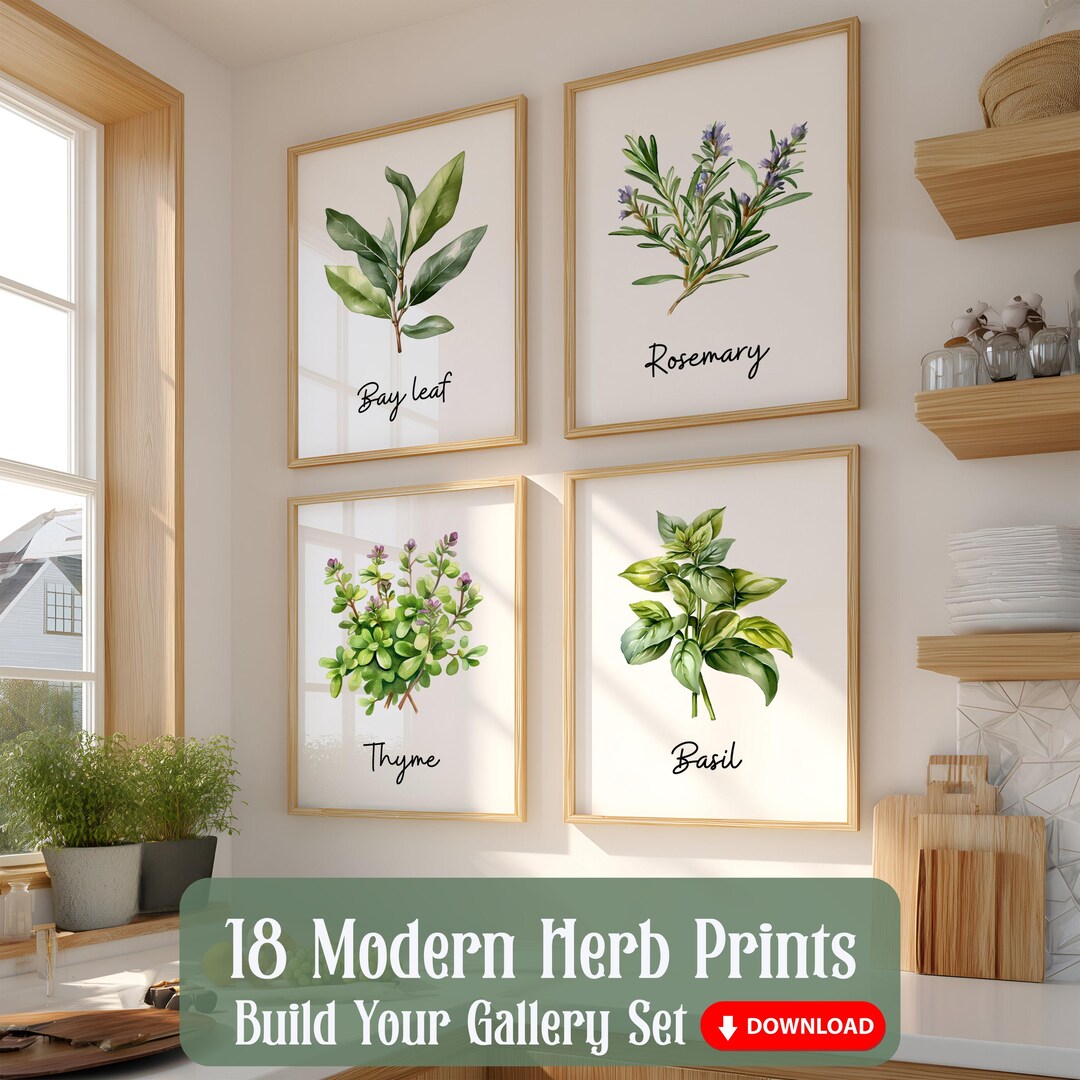 Watercolor Herb Prints Set of 18 – Printable Kitchen Wall Art Bundle ...