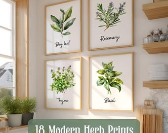 Watercolor Herb Prints Set of 18 – Printable Kitchen Wall Art Bundle, Botanical Herbs Poster Digital Download, Square & Standard Sizes