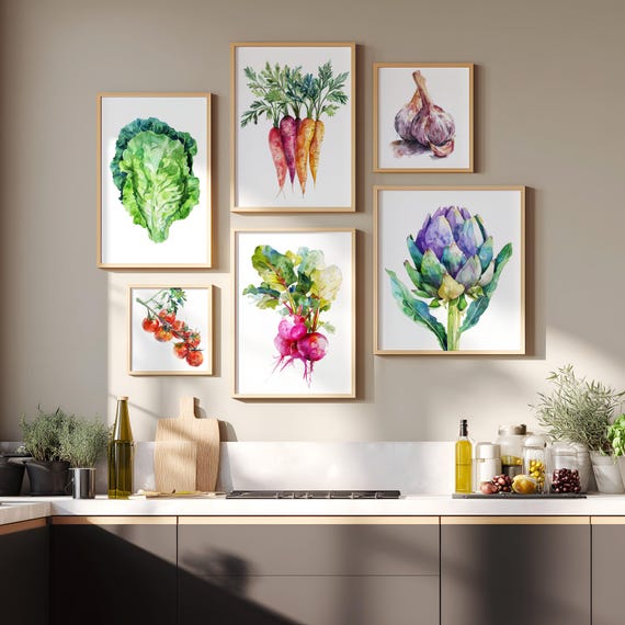 Watercolor Vegetable Art Print Set | Colorful Veggie Wall Art | Kitchen Dining Room Farmhouse Decor | Framed or Unframed Vegan Gift