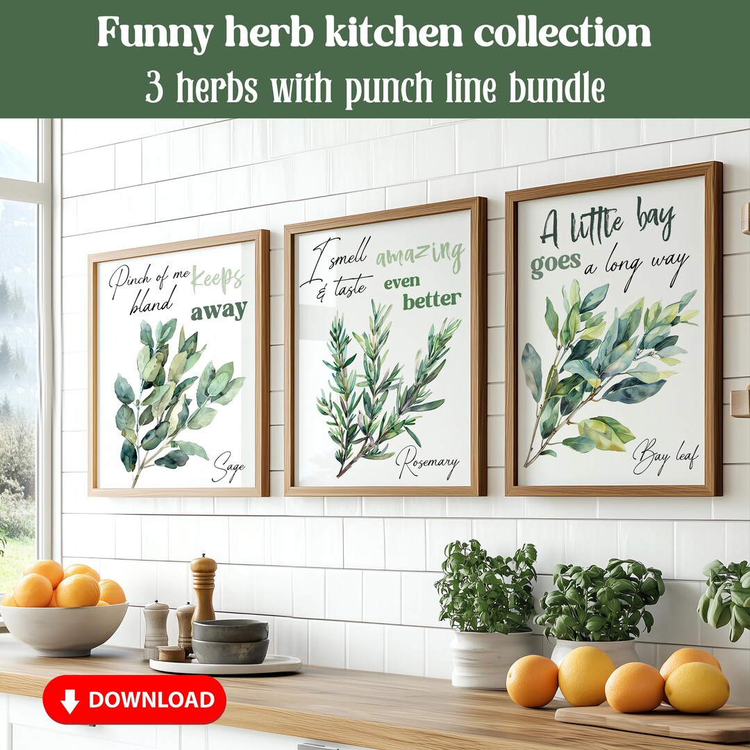 Watercolor Funny Herb Wall Art Set of 3, Modern Kitchen Herb Set Bundle ...