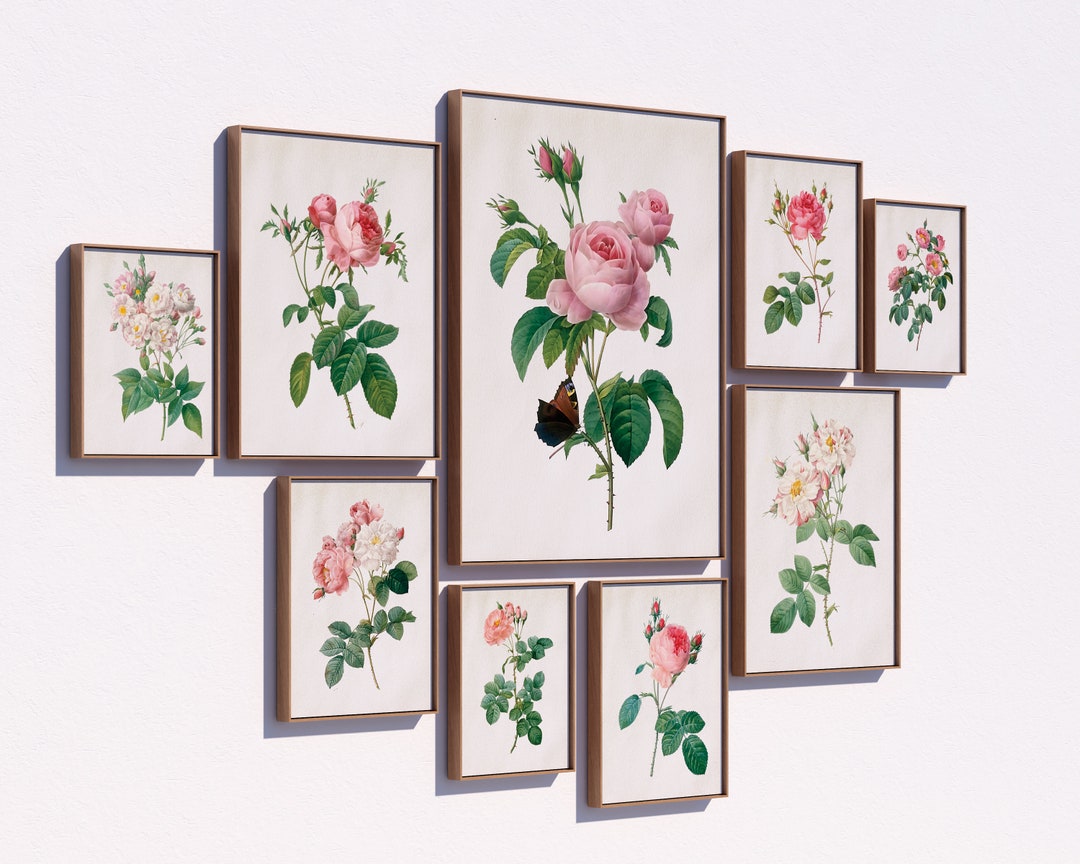 Vintage Pink Rose Gallery Wall Art Set of 12, Vintage Rose Print Set of ...