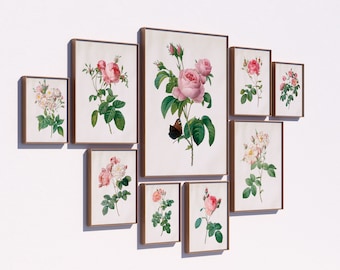 Vintage Pink Rose Gallery Wall Art Set of 12, Vintage Rose Print Set of 12, Antique Flowers Wall Art Set 20x25, Vintage Pink Flower Poster