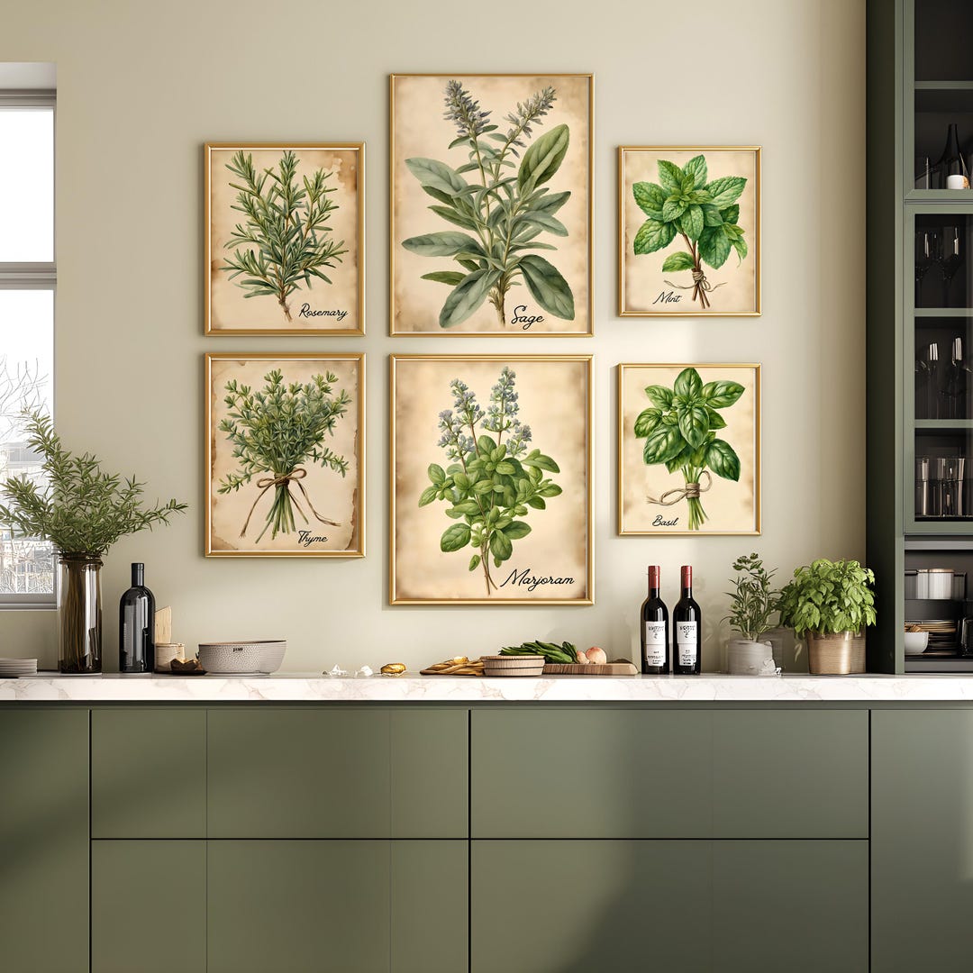 Vintage Watercolor Herb Prints – Rustic Kitchen Wall Art Set | Antique ...