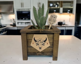 Small Handmade Indoor Planter Box With Custom Floral Cow Skull Sign