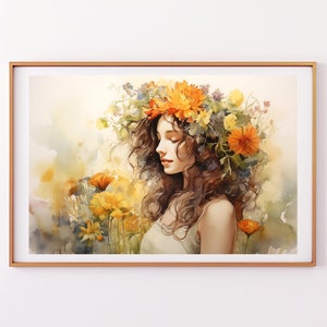 Portrait de femme couronne de fleurs sauvages, peinture à l'aquarelle, art mural, oeuvre florale idyllique imprimable, belle dame, émotions positives, joyeux matin