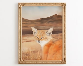 Sand Cat Sahara Desert Landscape Watercolor Painting Digital Print Exotic Wild Kitty Aquarelle Artwork Natural Scenery Picture Wall Art Home