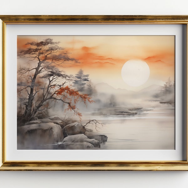 Sumi-e Landscape Painting Japanese Ink art Digital Print Drawing ASMR Beautiful Nature Scenery Sunrise Sunprint Misty Mountain Soul Cleanse