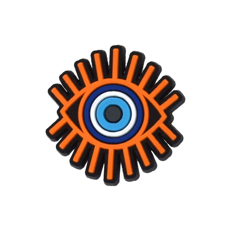 Pu&ograve; includere: Ciondolo portafortuna con occhio turco arancione e blu con contorno nero. L'occhio ha tre cerchi concentrici, il cerchio esterno &egrave; arancione, il cerchio centrale &egrave; bianco, il cerchio interno &egrave; blu e la pupilla &egrave; nera.