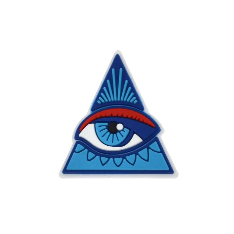 Pu&ograve; includere: Un occhio blu e rosso all'interno di un triangolo blu con contorni bianchi. L'occhio ha un'iride blu e una pupilla nera. Il triangolo ha un contorno bianco e uno sfondo bianco.