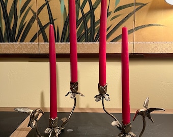 Vintage Brass Hummingbird Candle Holders Pair | Floral Bird Candlesticks ~8” Tall | Hollywood Regency Brass Decor | Nature Motif