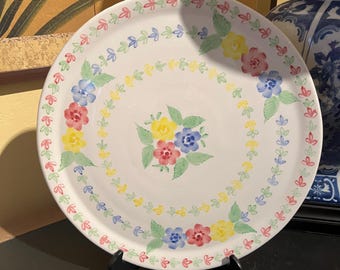 Vintage Hand-Painted Floral Serving Platter 13.5” – Portugal Majolica Style Plate – Cottagecore Pastel Dinnerware – Farmhouse Decor