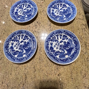 Set of 4 Blue Willow Style Butter plates Vintage Japan Blue & White Ceramic Bread plates Asian Landscape Transferware 6” Decorative Plates