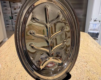 Vintage Federal Silver Co Footed Silverplate Oval Serving Platter, Well & Tree Design, 17.5 x 12.5 Pedestal Serving Tray, Rope Edge