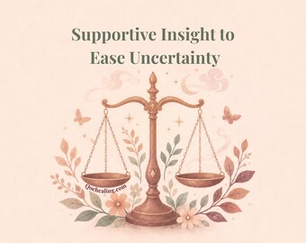 May include: Illustration of a bronze scale with two pans, surrounded by floral elements and butterflies. The text "Supportive Insight to Ease Uncertainty" is at the top, with the website address "Qochealing.com" at the bottom.