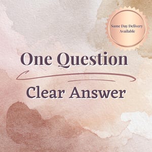 Puede incluir: Fondo de estilo acuarela en tonos beige, marrón y rosa. El texto "One Question Clear Answer" se muestra en morado oscuro. Una insignia circular con el texto "Same Day Delivery Available" está en la esquina superior derecha.