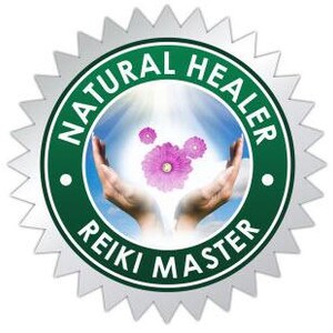 May include: A circular emblem with the words "NATURAL HEALER" and "REIKI MASTER" in white text on a green background. The center features a pair of hands cupping pink flowers against a blue sky. The emblem has a silver, starburst-like border.