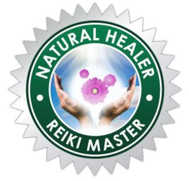 May include: A circular emblem with the words "NATURAL HEALER" and "REIKI MASTER" in white text on a green background. The center features a pair of hands cupping pink flowers against a blue sky. The emblem has a silver, starburst-like border.
