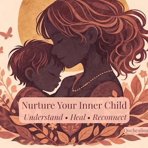 May include: Illustration of a mother and child embracing, with a warm color palette of browns and tans. The image includes text that reads "Nurture Your Inner Child, Understand, Heal, Reconnect."