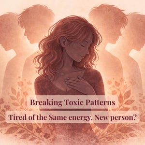 May include: An illustration in warm tones depicts a woman with closed eyes, surrounded by silhouettes. The text reads "Breaking Toxic Patterns" and "Tired of the Same energy, New person?" Floral elements frame the figures, creating a soft, introspective mood.