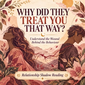 May include: A book cover titled WHY DID THEY TREAT YOU THAT WAY? Understand the Wound Behind the Behaviour. It features an illustration of two people facing away from each other, connected by a red thread, surrounded by foliage and mountains.