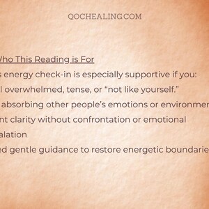 May include: An image with text on an orange background. The text reads "QOCHEALING.COM" at the top. Below, it lists who the reading is for, including those feeling overwhelmed, tense, or absorbing others' emotions. It offers gentle guidance.
