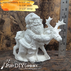 Ready to Paint Santa with Reindeer, Santa Leading Deer, Santa Claus Ceramic Bisque DIY Santa Christmas Decor