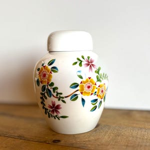 Vintage Floral Ginger Jar | Hand Painted Ceramic Lidded Jar | Chinoiserie Style | Small Decorative Vase | Collectible Pottery