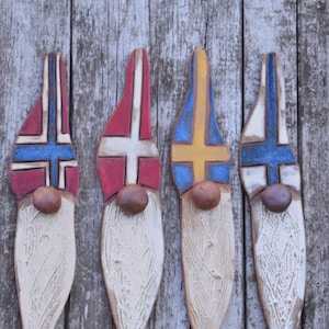 Finland, Flag, Finnish, Gnome, Plant, Garden, Plant Sitter, Colorful, Clay, Pottery, Scandinavian, Colorful, Gift, Yard Art, Ceramic, Tomte