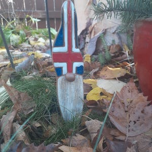 May include: A ceramic gnome figurine with a white beard and a hat painted with the Icelandic flag. The gnome is surrounded by fallen leaves and grass.