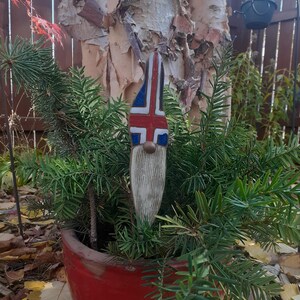 May include: A wooden gnome figurine with a white beard and a painted Icelandic flag on its hat. The gnome is standing in a red pot filled with green foliage.