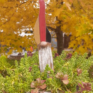May include: A ceramic gnome figurine with a red, black, and yellow hat. The gnome is standing in a pot of green succulents.