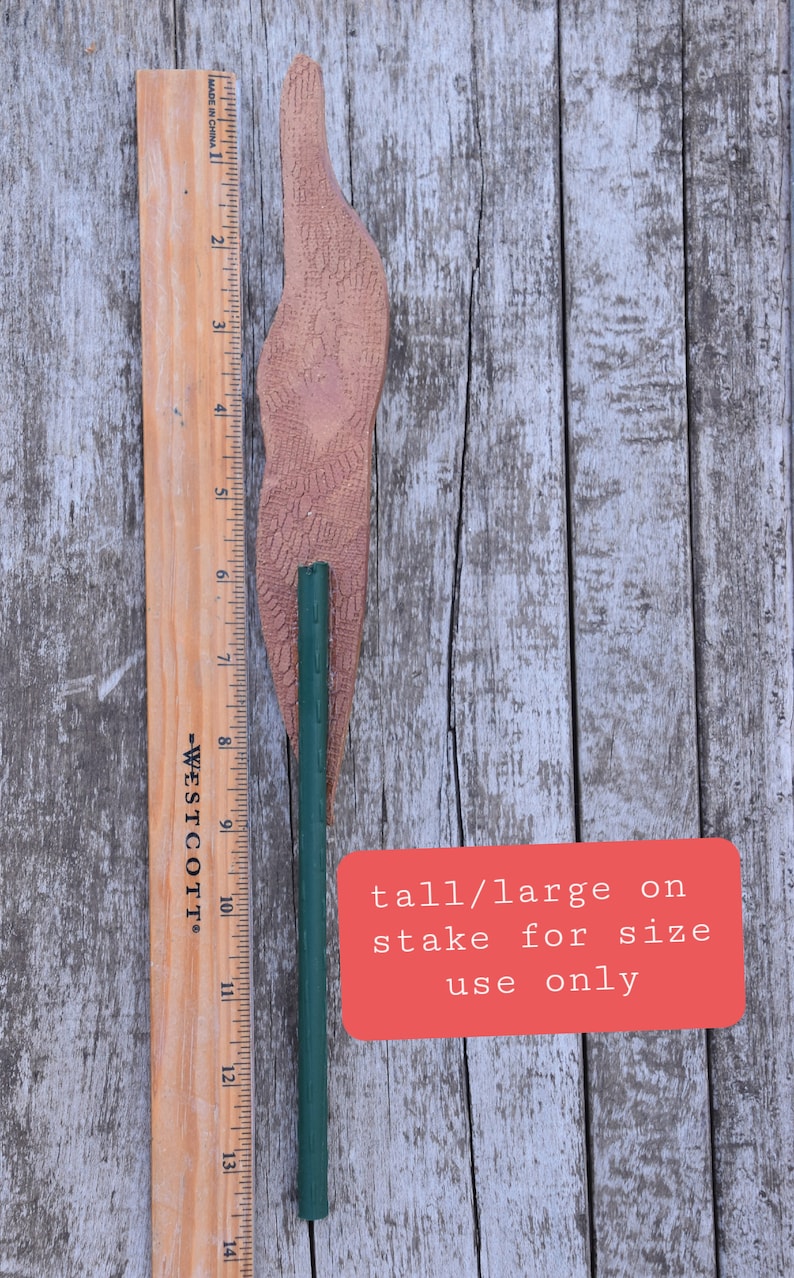 May include: A brown wooden stake with a green metal rod inserted into it. The stake is about 14 inches long. The text "tall/large on stake for size use only" is written on a red square.