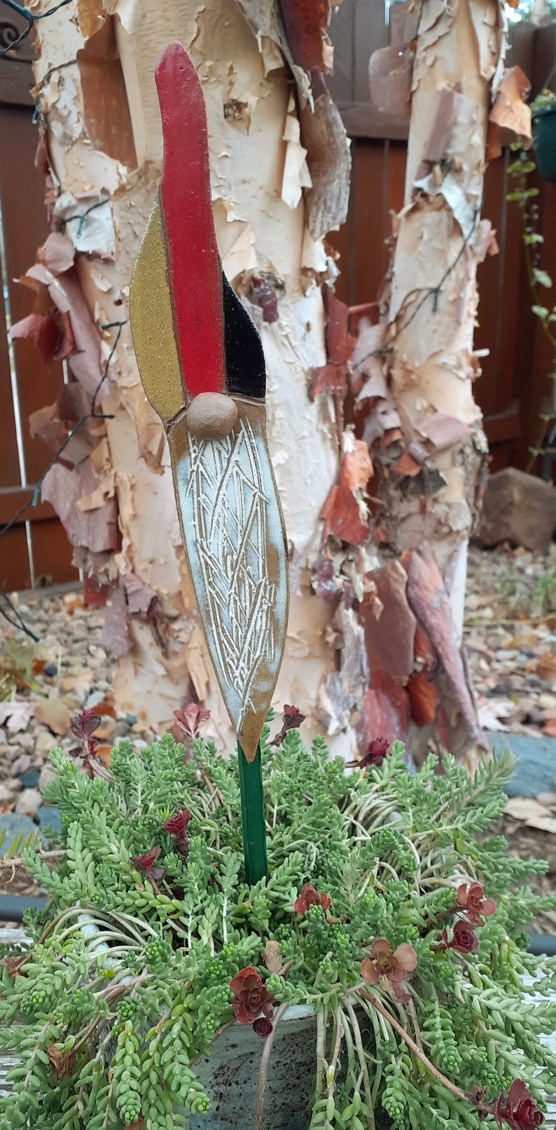 May include: A ceramic gnome garden stake with a red, gold, and black hat and a white beard. The gnome is standing in a pot of green succulents.